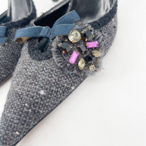 Vintage Prada Gray Tweed Crystal Bow Detail Slingback Pointed Toe Heels IT 38.5 - Picture 7 of 11